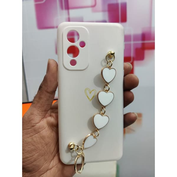 Phone Case With Wrist Strap Chain - Heart Prints - White - Single Piece