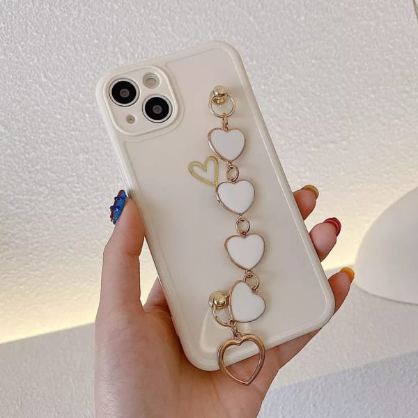 Phone Case With Wrist Strap Chain - Heart Prints - White - Single Piece