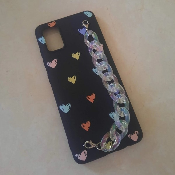 Phone Case With Wrist Strap Chain - Hearts - Black - Single Piece