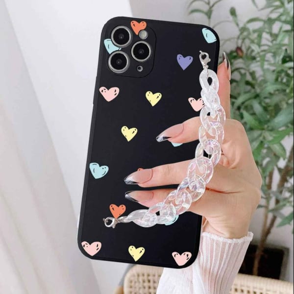 Phone Case With Wrist Strap Chain - Hearts - Black - Single Piece