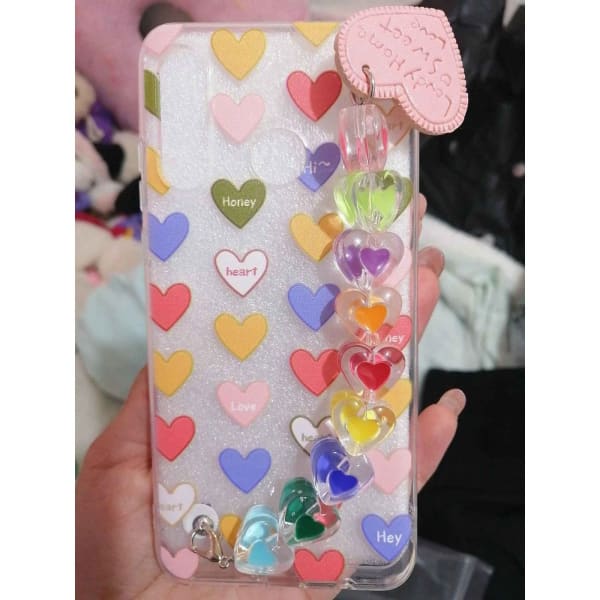 Phone case With Wrist Strap Chain - Multicolor Hanging Hearts - Single Piece