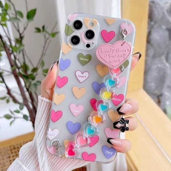 Phone case With Wrist Strap Chain - Multicolor Hanging Hearts - Single Piece