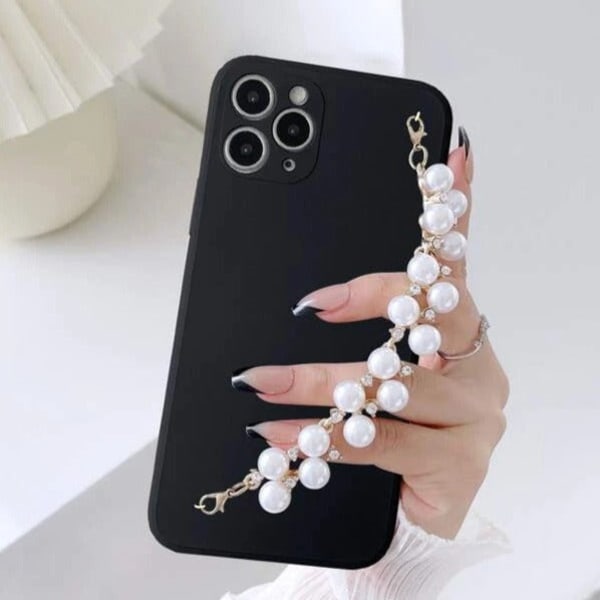 Phone case With Wrist Strap Chain - Solid Black - Faux Pearls - Single Piece