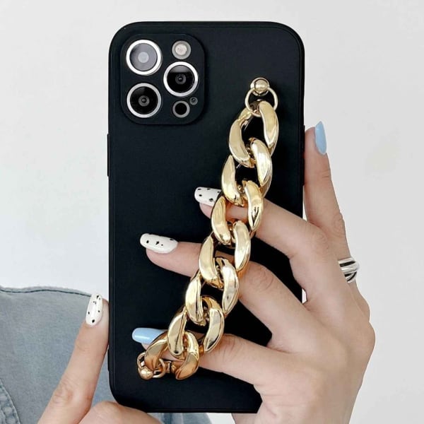 Phone Case With Wrist Strap Chain - Solid Black - Golden - Single Piece