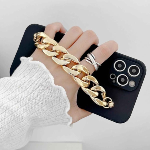 Phone Case With Wrist Strap Chain - Solid Black - Golden - Single Piece