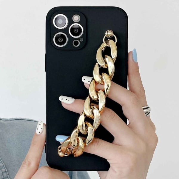 Phone Case With Wrist Strap Chain - Solid Black - Golden - Single Piece