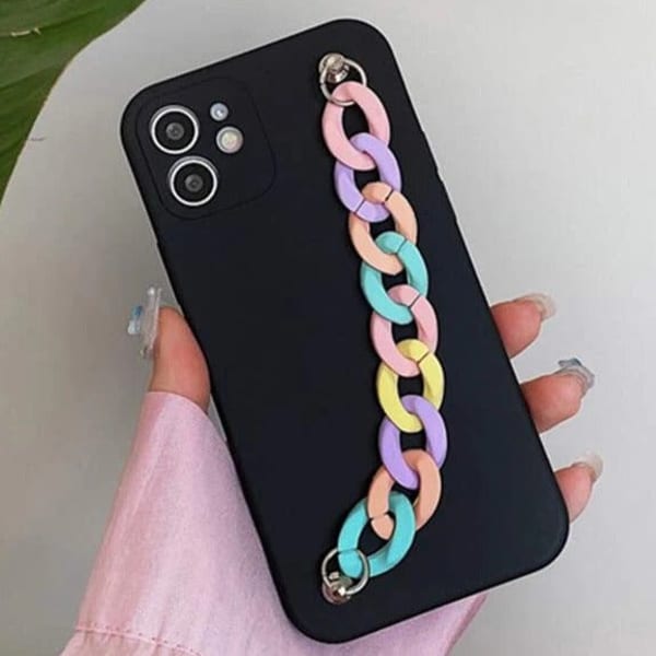 Phone Case With Wrist Strap Chain - Solid Black - Single Piece