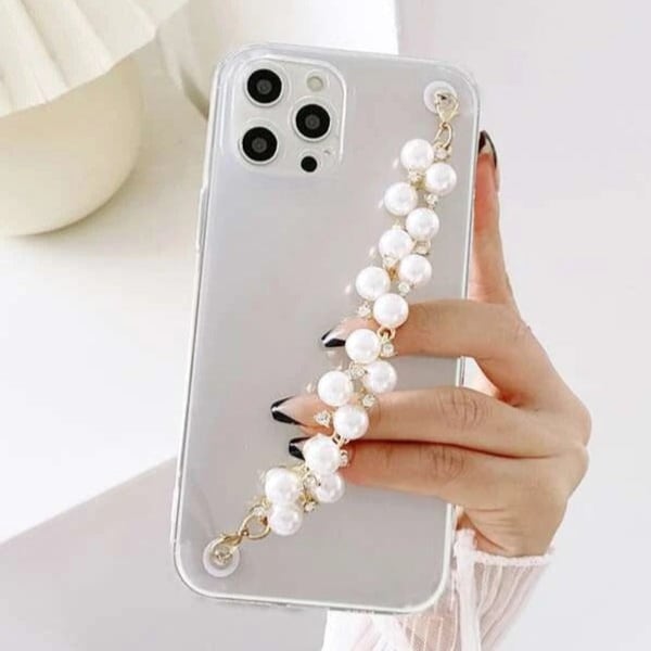 Phone case With Wrist Strap Chain - Transparent - Faux Pearls - Single Piece