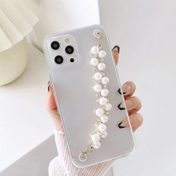 Phone case With Wrist Strap Chain - Transparent - Faux Pearls - Single Piece