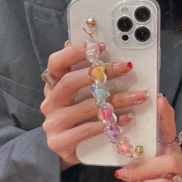 Phone Case With Wrist Strap Chain - Transparent - Multicolor Hearts - Single Piece