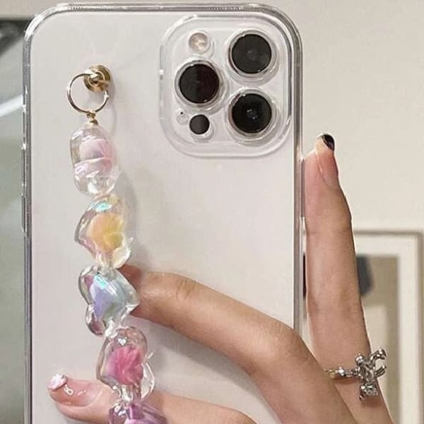 Phone Case With Wrist Strap Chain - Transparent - Multicolor Hearts - Single Piece