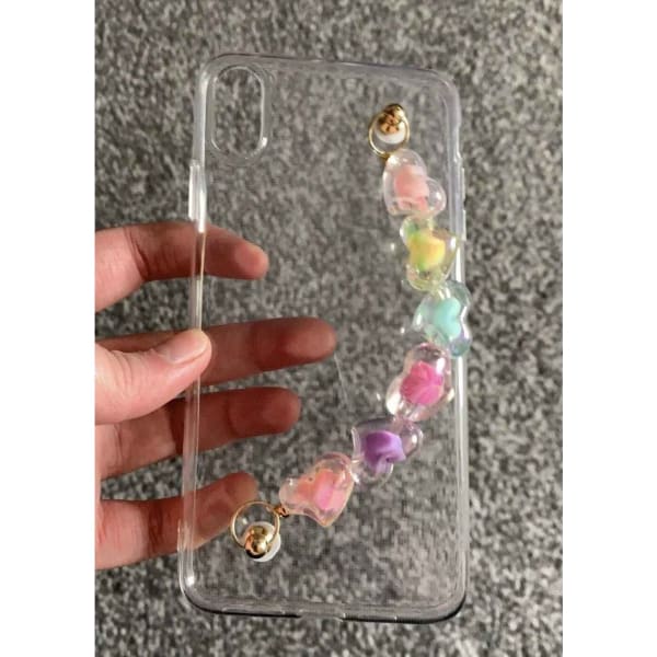 Phone Case With Wrist Strap Chain - Transparent - Multicolor Hearts - Single Piece