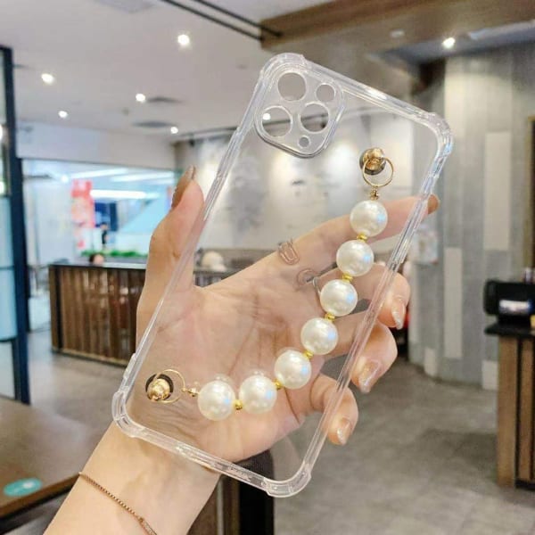 Phone Case With Wrist Strap Chain - Transparent Pearls - Single Piece