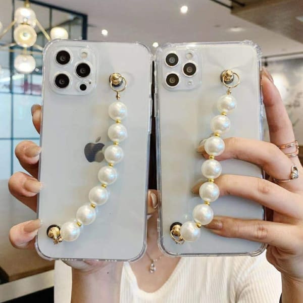 Phone Case With Wrist Strap Chain - Transparent Pearls - Single Piece