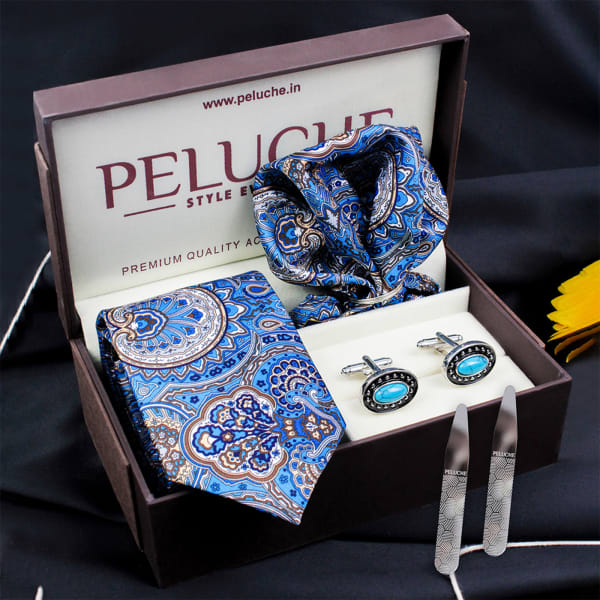 Premium Blue Floral Tie Set - Set Of 4