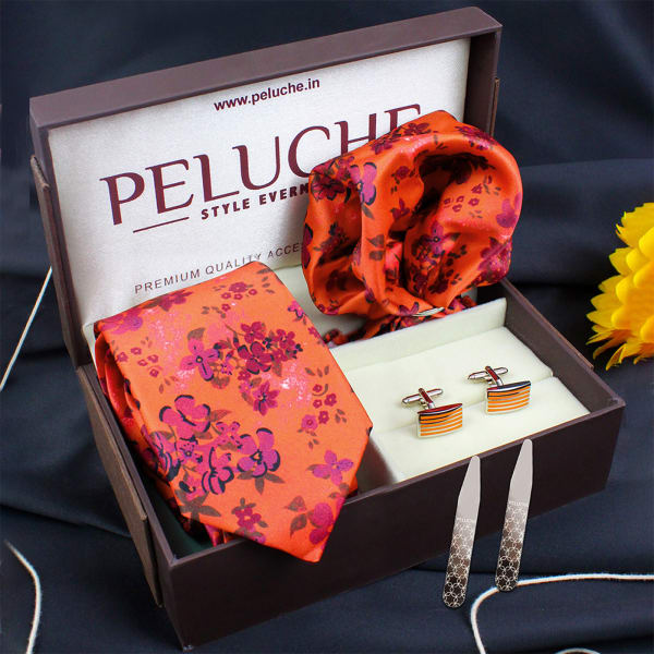 Premium Orange Floral Tie Set - Set Of 4