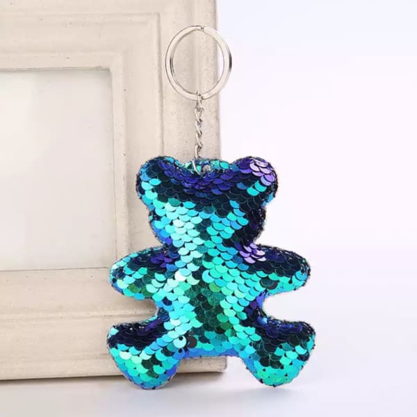 Sequin Keychain - Holographic Blue Bear