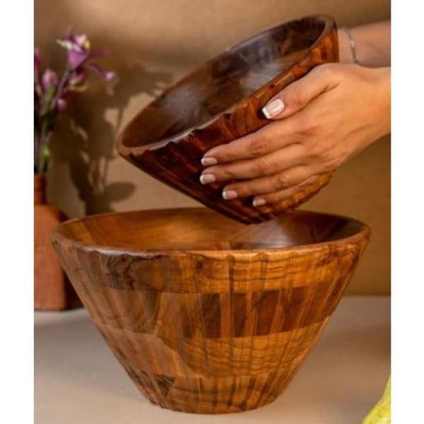 Serving Bowl - Wooden - Ribbed - Single Piece