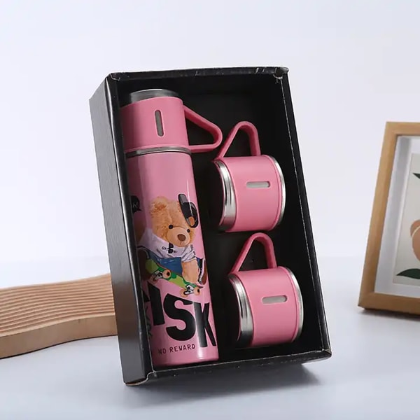 Vacuum Flask With 2 Cups - Pink - Single Piece