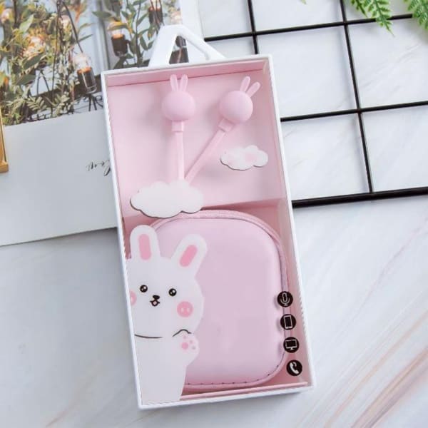 Wired Earphone With Mic And Pouch - Bunny - Assorted - Single Piece