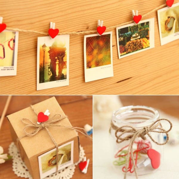 Wooden Photo Paper Clips - Red Heart With String - Set Of 10