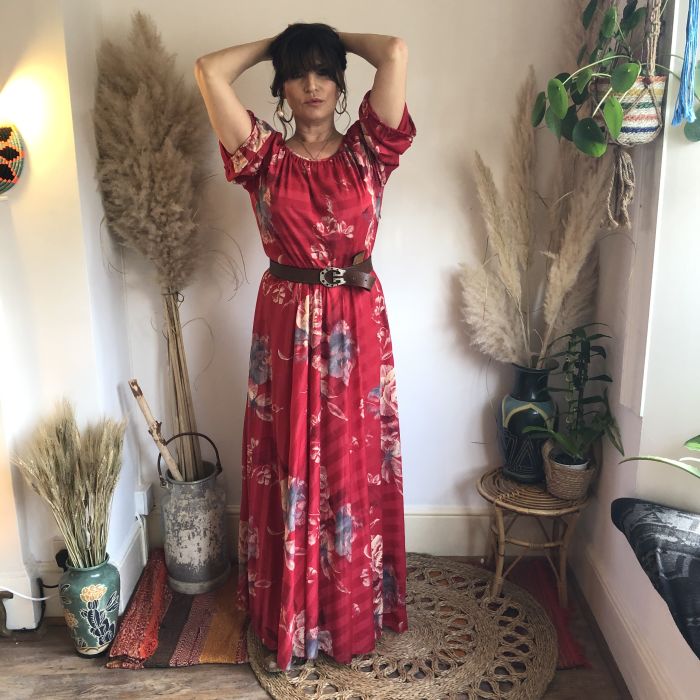 Gorgeous Deep Red Folklore Cotton Bohemian 1970s Maxi Dress