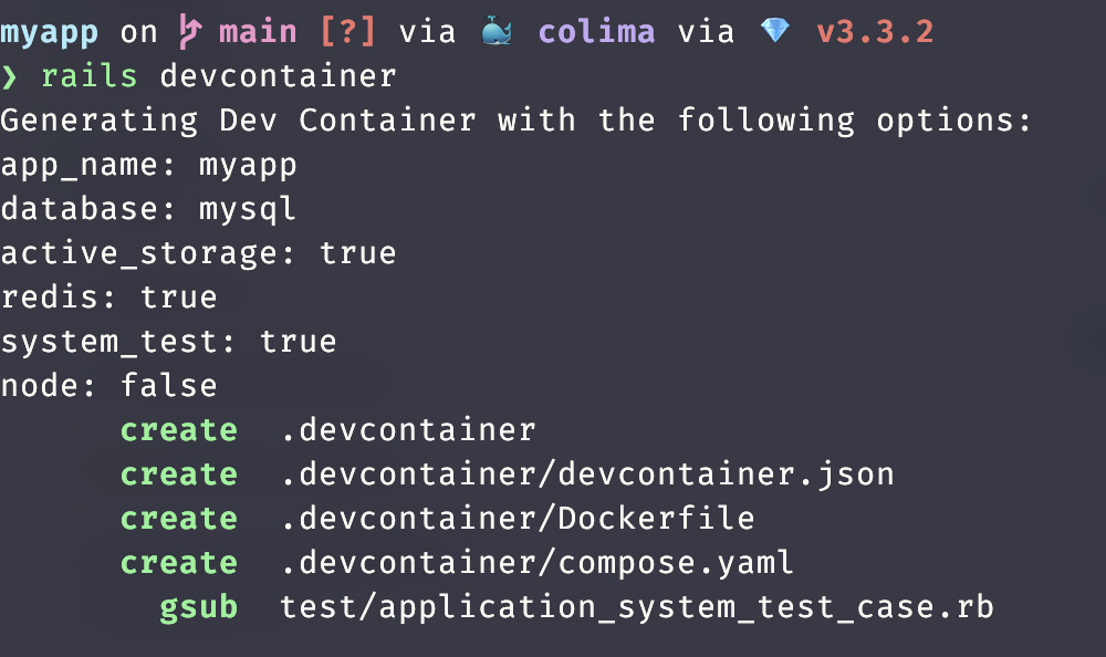 output of running rails devcontainer. It figures out what libraries you use and creates the devcontainer folder and files for you.