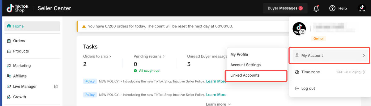 Seller Center dashboard