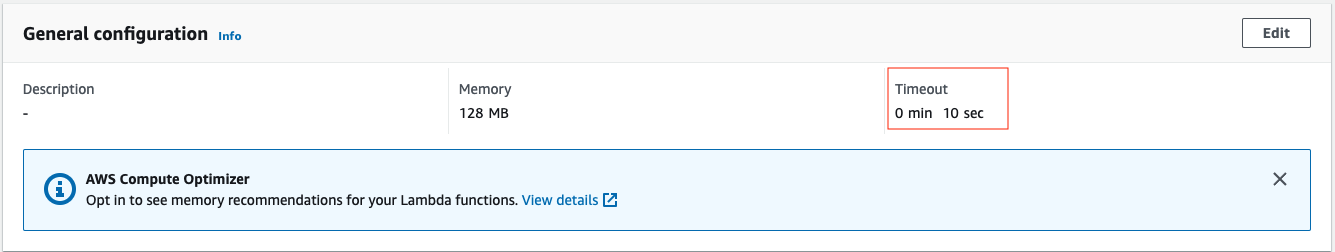 Update lambda config to use 10s timeout