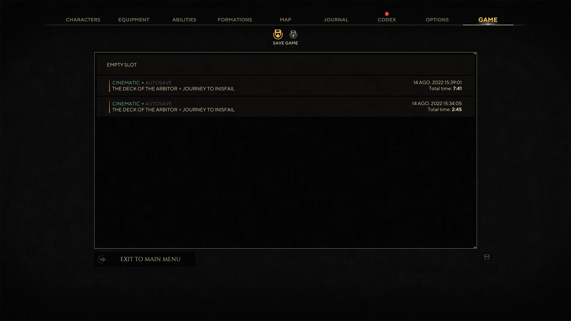 Menú ingame de The Waylanders