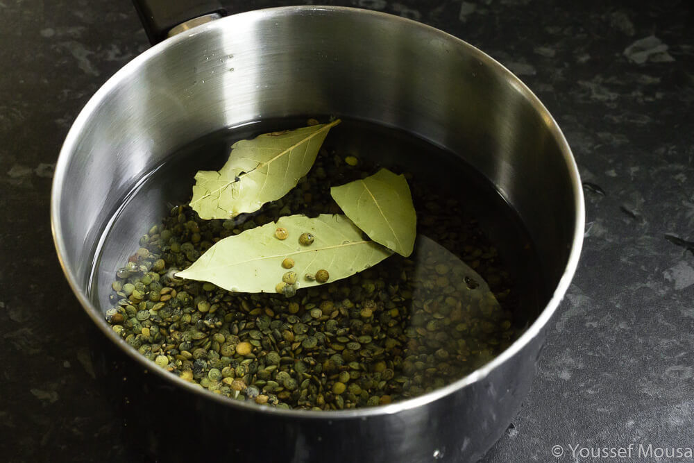 Bay leaves and lentils ready to go in the water. Cook for 30 minutes on medium-high heat.