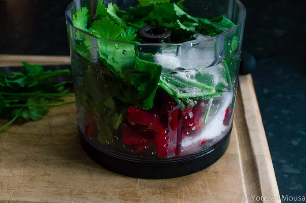 Coriander, chillies, tomato puree and sugar all in the blender.