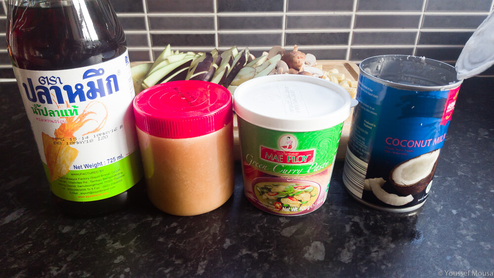 The pantry items you’ll need - Squid brand fish sauce, palm sugar, Mae Ploy green curry paste, Aldi coconut milk.