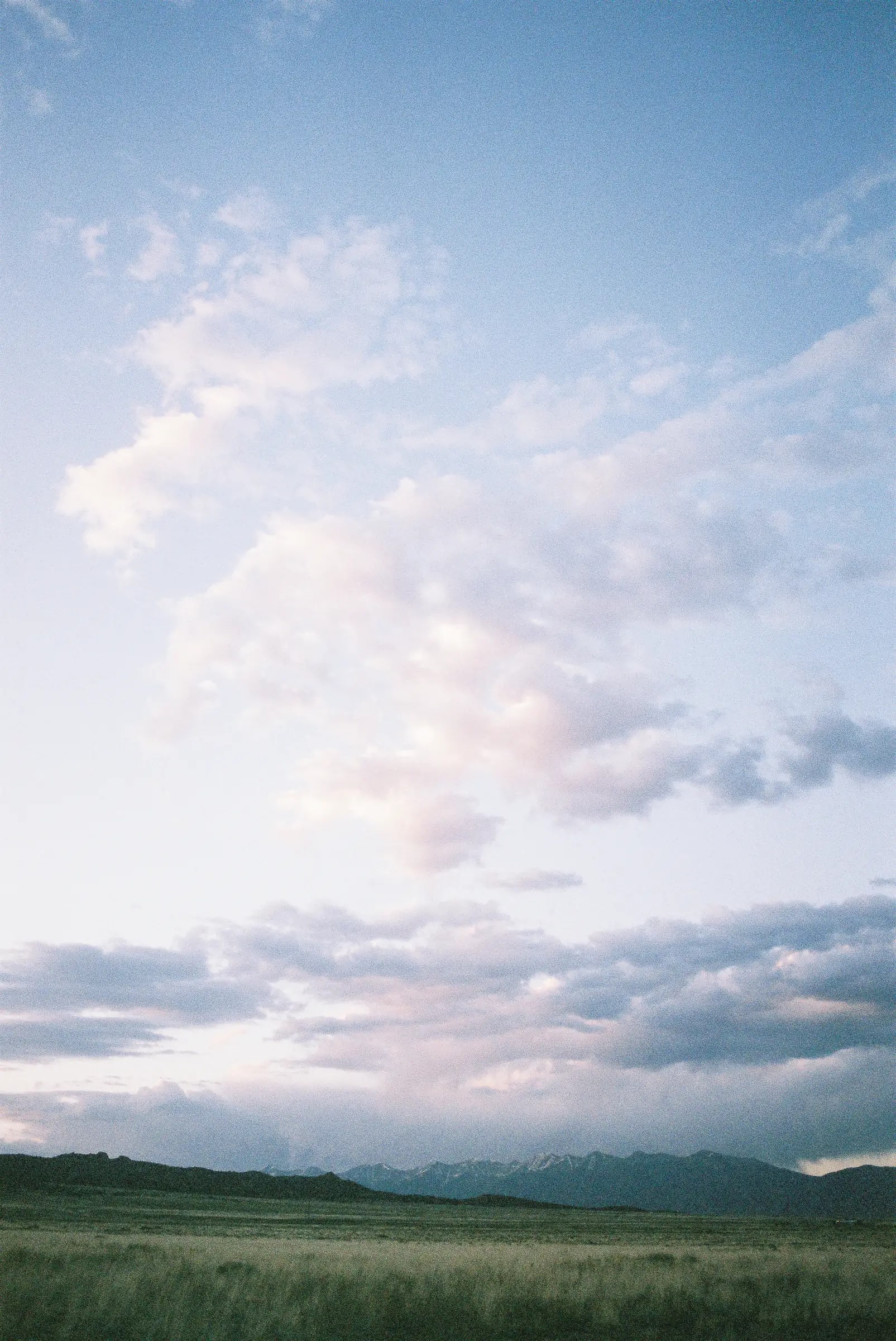 Green field stretches toward dark rolling hills, snow-capped mountains distant under a clouded pale sky.
