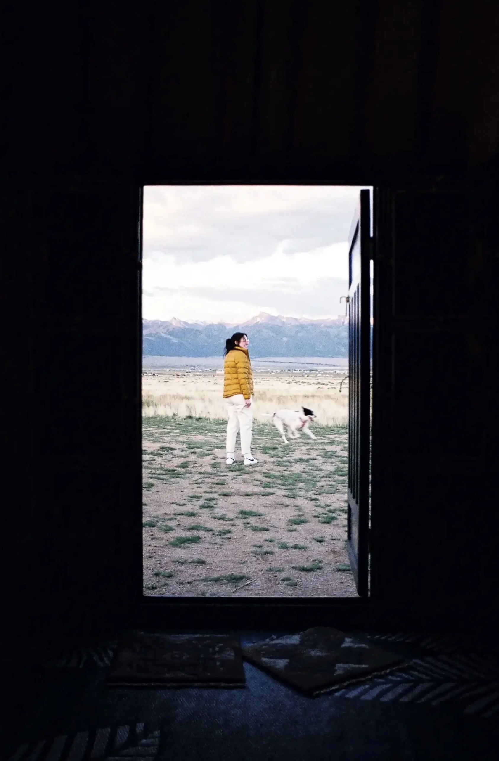 Person in yellow jacket in a doorway overlooking mountains, dog running nearby.