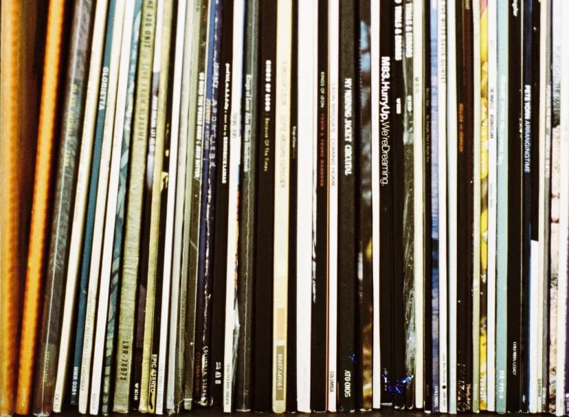 Vinyl records stacked on two shelves, spines out.