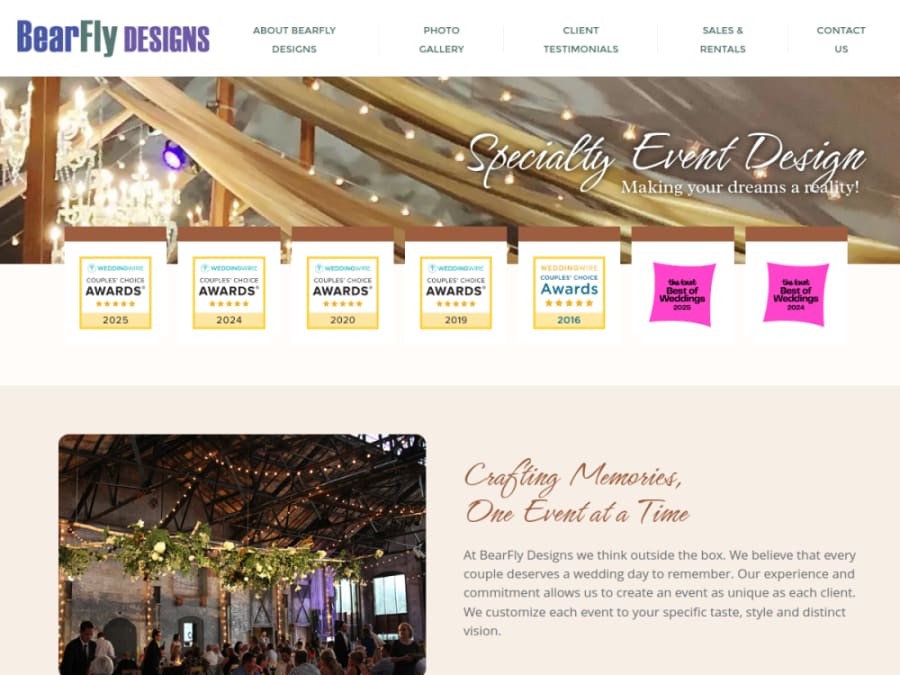 Full homepage screenshot of the Bearfly Designs website