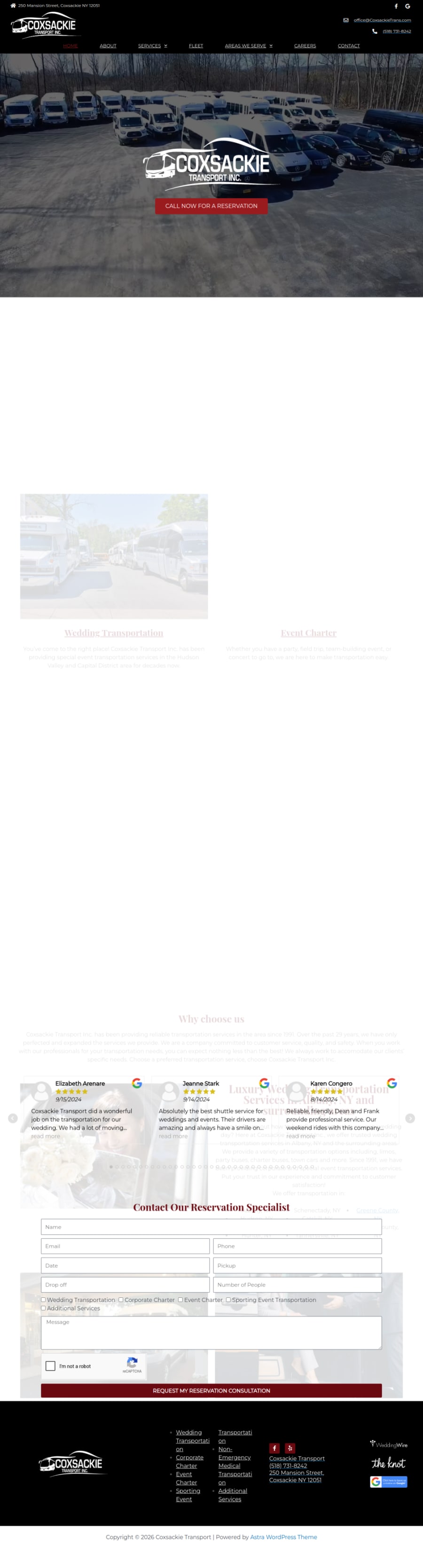 Full homepage screenshot of the Coxsackie Transport website