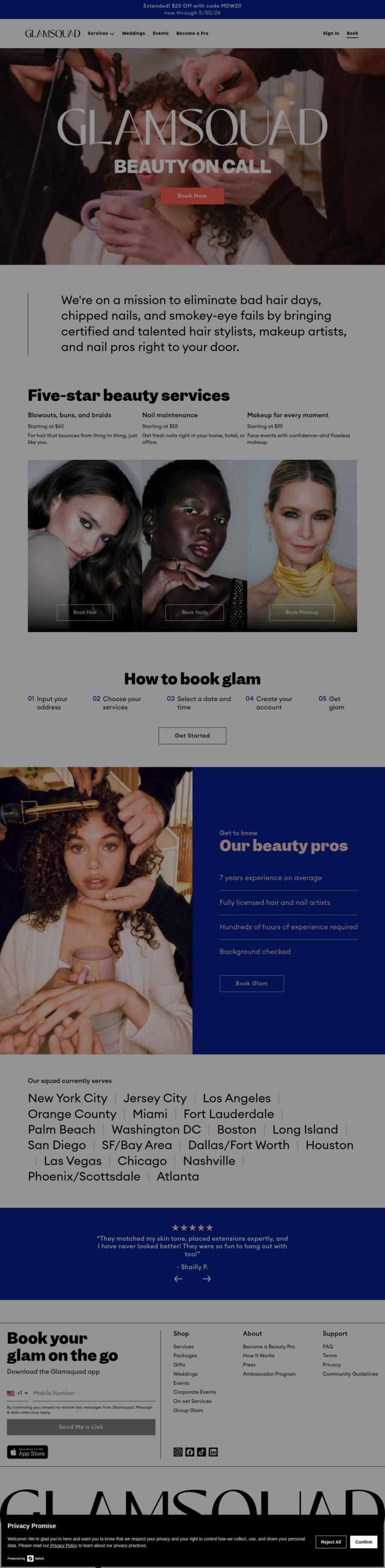 Full homepage screenshot of the Glamsquad website