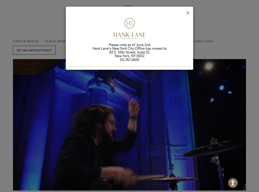 Full homepage screenshot of the Hank Lane Music website