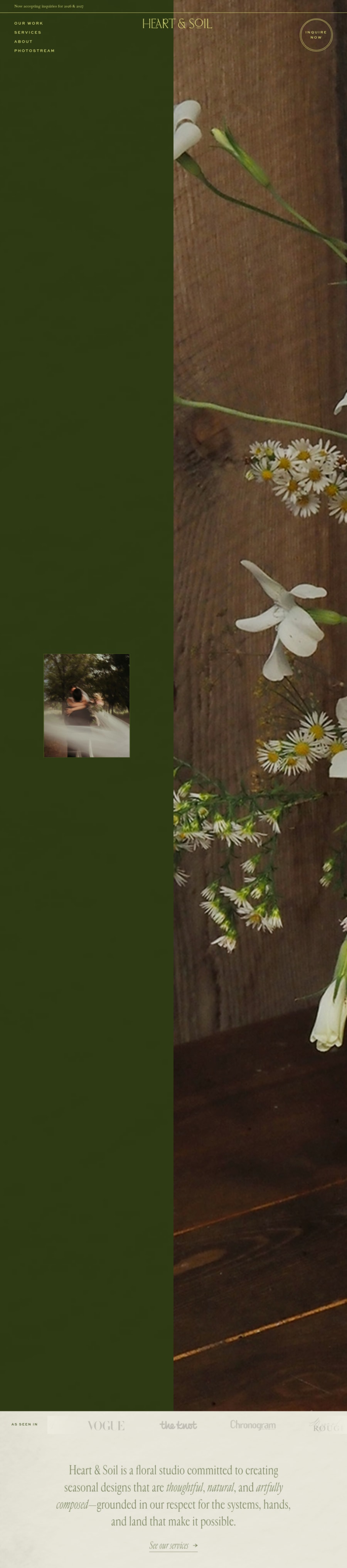 Full homepage screenshot of the Heart & Soil Flowers website