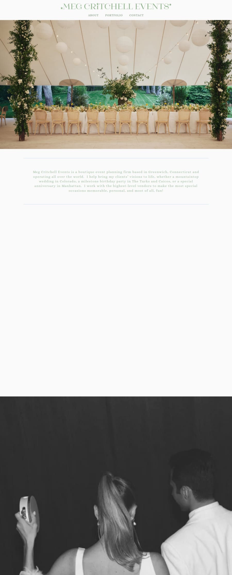 Full homepage screenshot of the Meg Critchell Events website