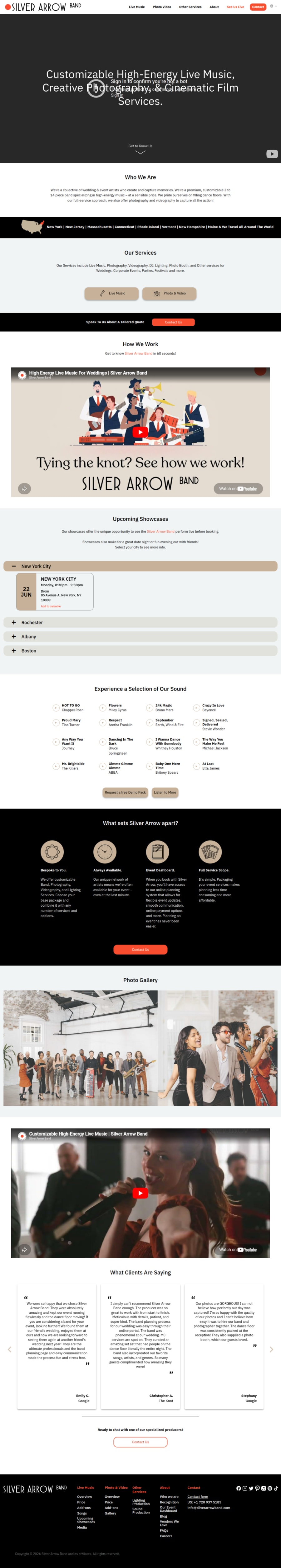 Full homepage screenshot of the Silver Arrow Band website