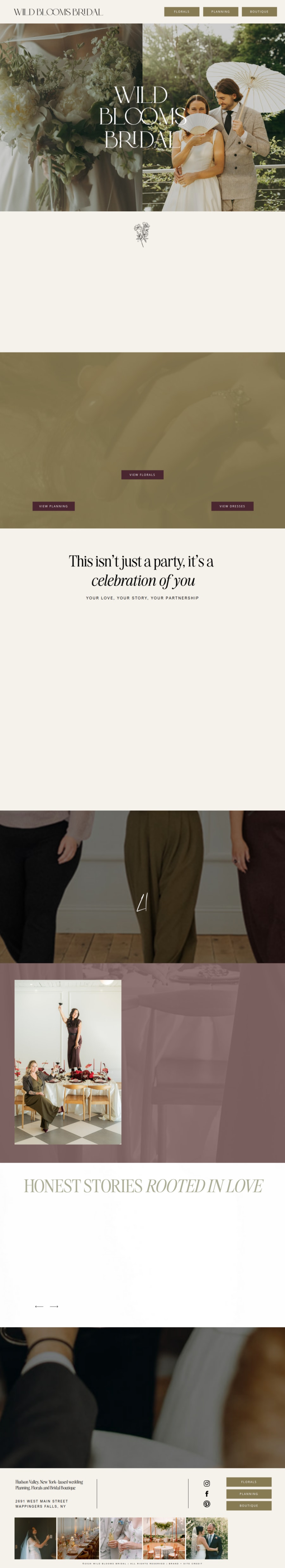 Full homepage screenshot of the Wild Blooms Bridal website