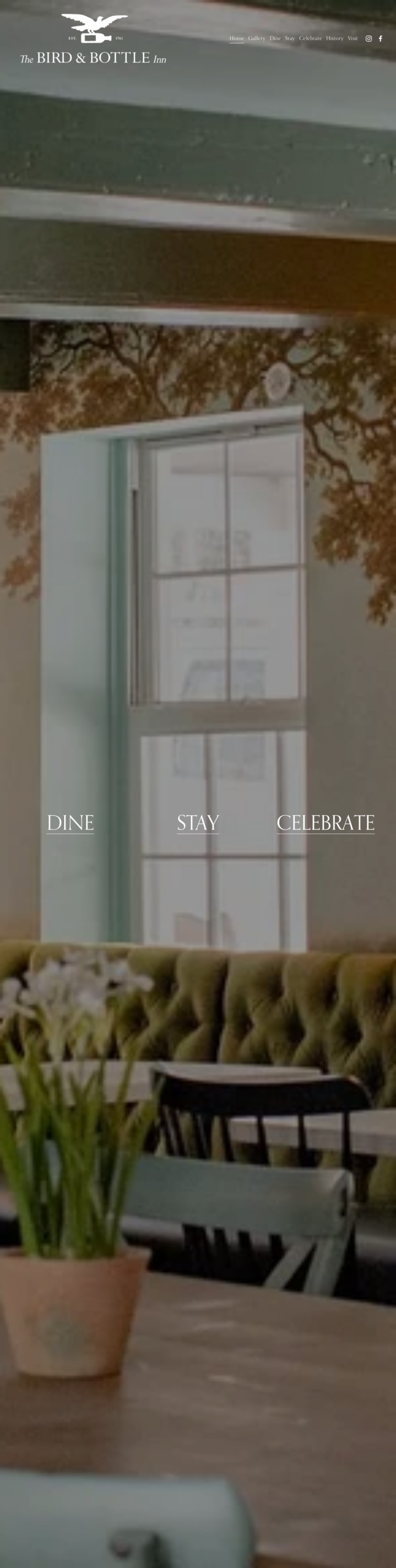 Full homepage screenshot of the Bird & Bottle Inn website