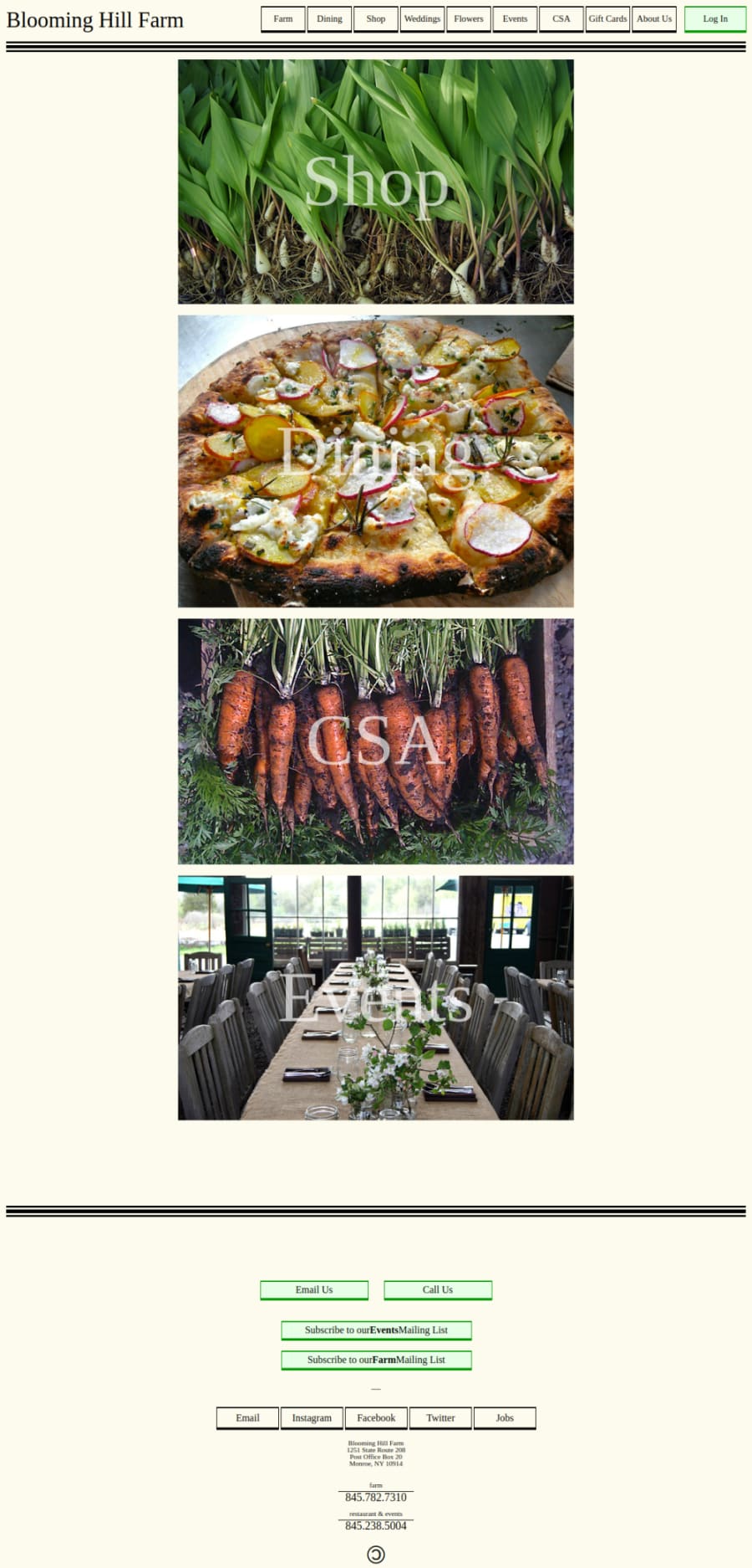 Full homepage screenshot of the Blooming Hill Farm website