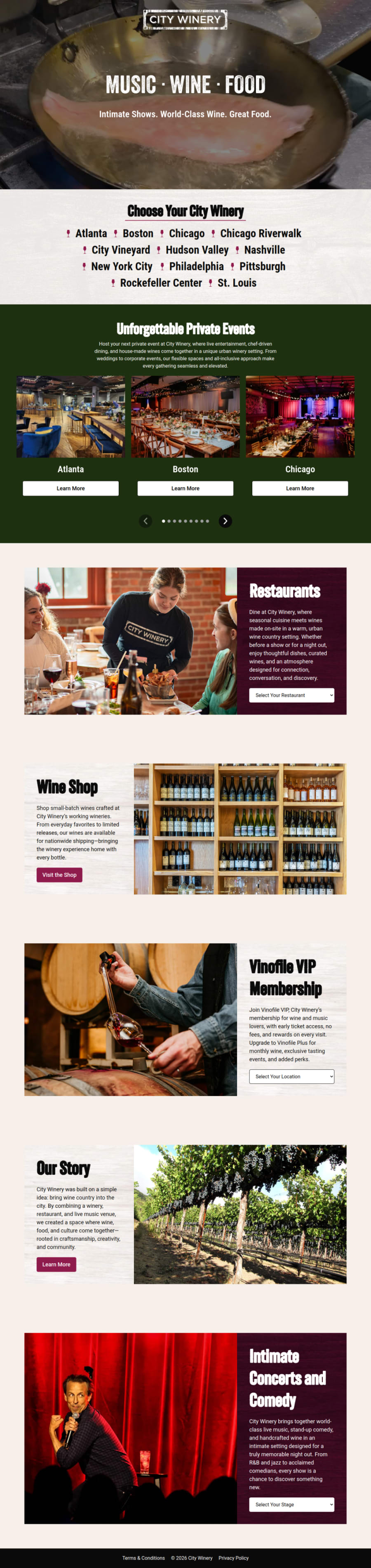 Full homepage screenshot of the City Winery website