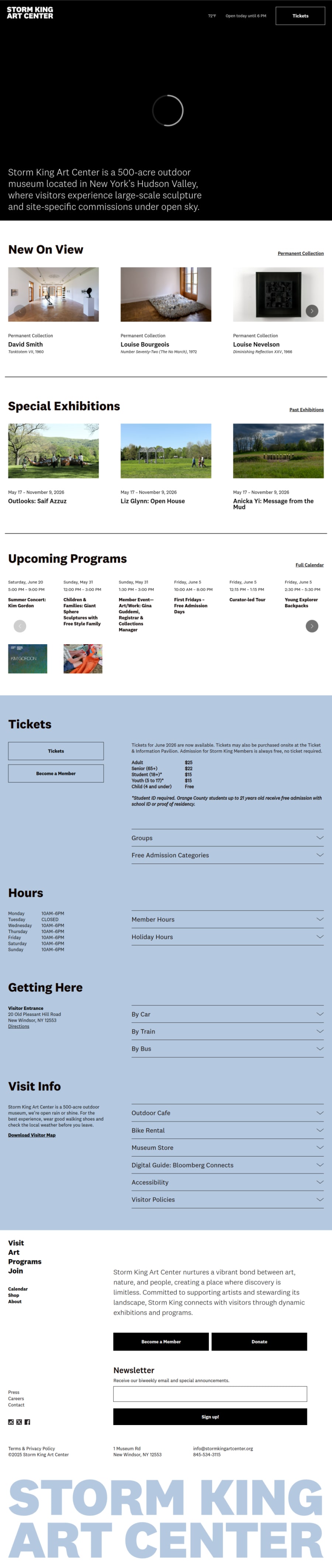 Full homepage screenshot of the Storm King Art Center website