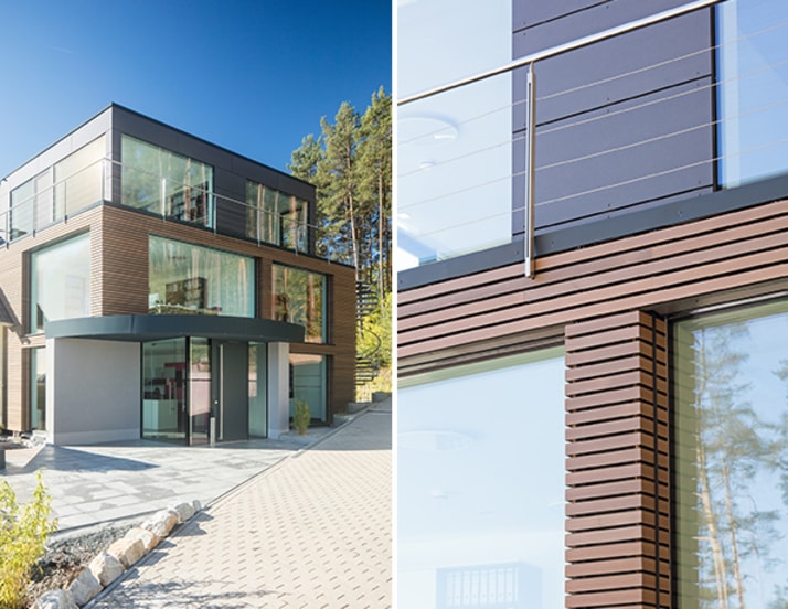Hausfassade mit großen Fensterelementen