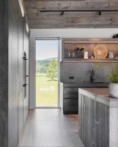 Moderne Küche mit grauen Fronten und Holzdecke, bodentiefer, rahmenloser Fixverglasung von Josko führt den Blick ins Grüne. Auf der Arbeitsfläche stehen Pflanzen und Dekoration, die Küche wirkt hell und natürlich.